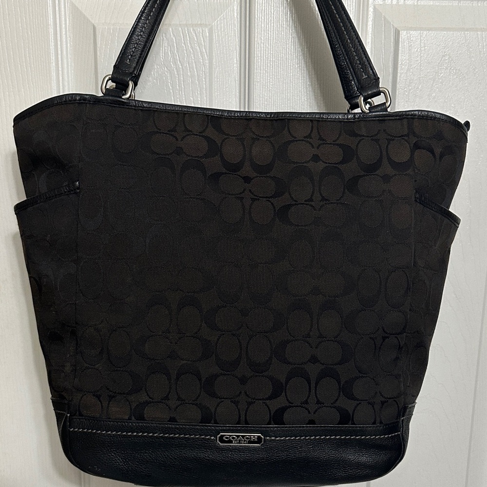 Coach Signature Black and Brown  Carrie Leather and Canvas Tote Bag  F23295